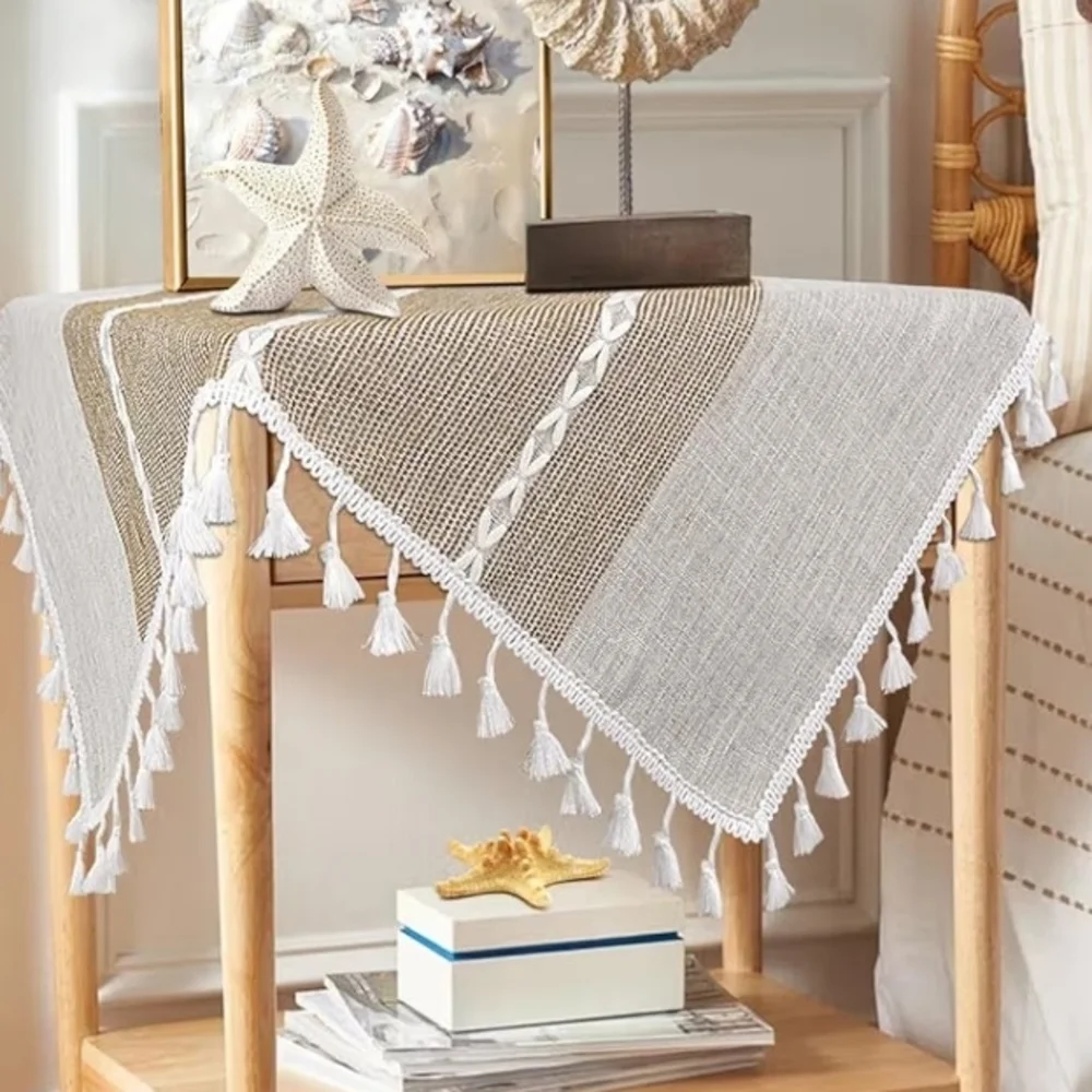 Chic Beige and White Table Cover with Tassels Size 24 X 24